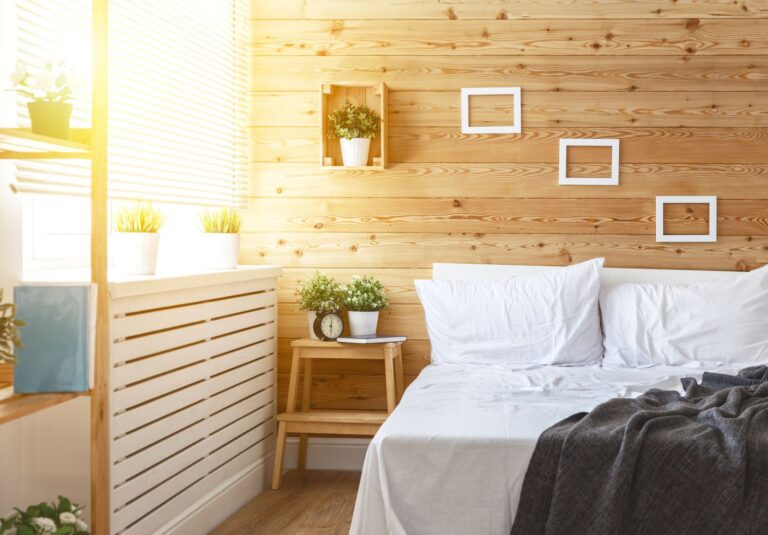 Bedroom,Interior,With,Bed,,Window,And,Wooden,Wall